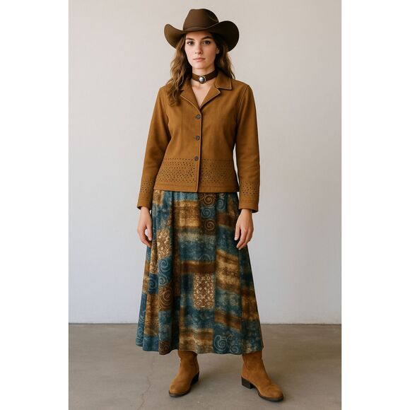 Vintage Napa Valley Faux Suede Cutout Brown Jacket/Shacket and Maxi Skirt Set - Picture 1 of 14